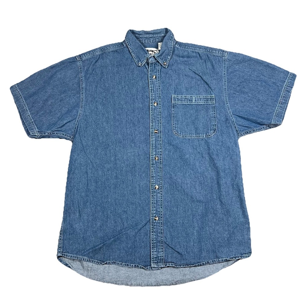 Jaguar Denim Large Button Up Shirt Pocket Short Sleeve Grunge XL Fit Blue Vtg